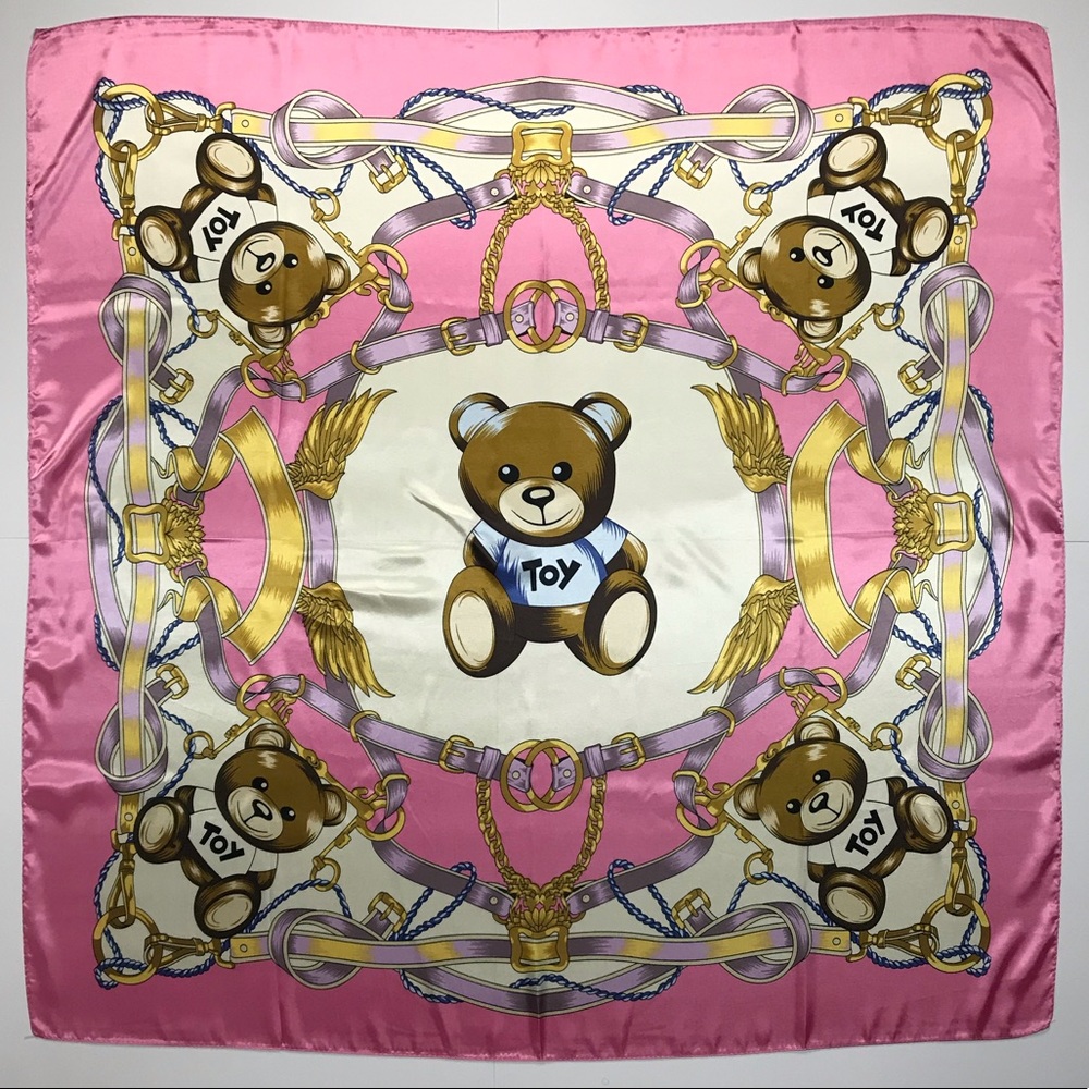 Teddy Bear Motif Satin Charmeuse Scarf
